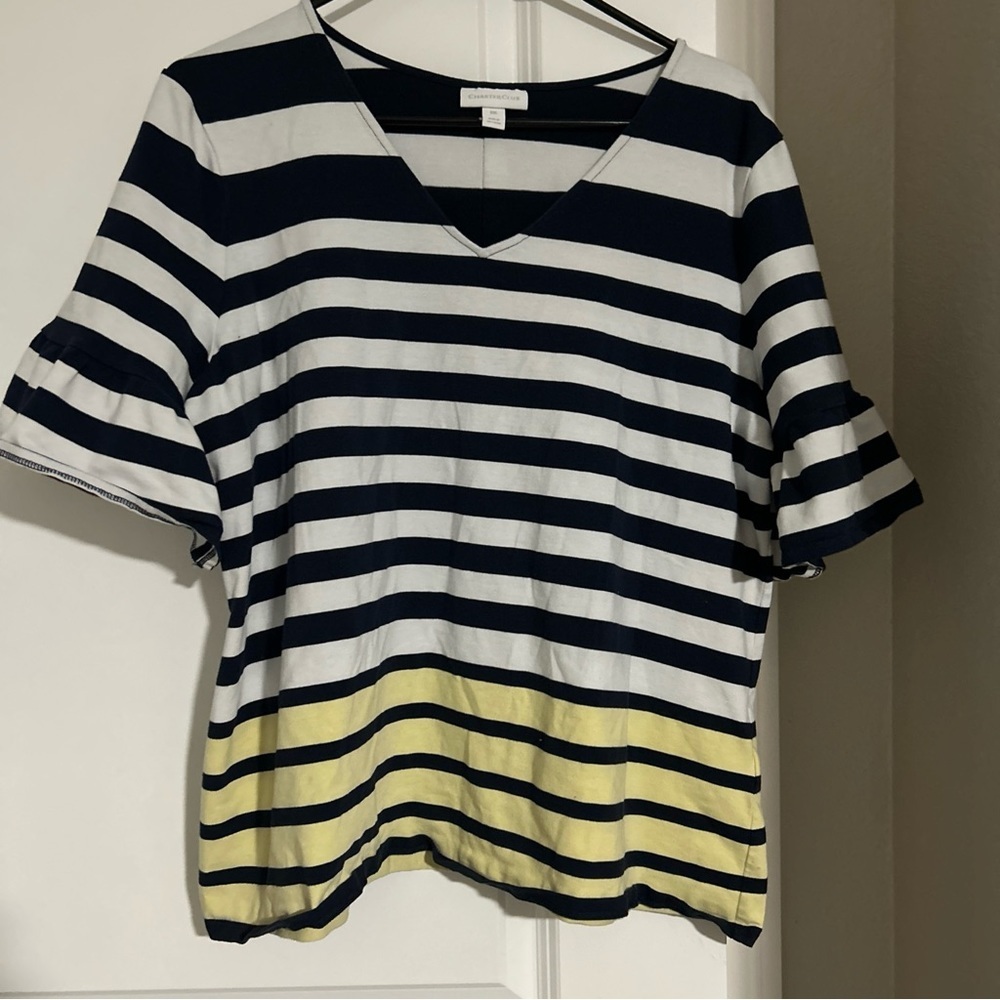 Charter Club V Neck Navy Yellow And White Stripe Top Bell Sleeves 2X